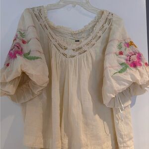 Free People-Embroidered Cream Blouse